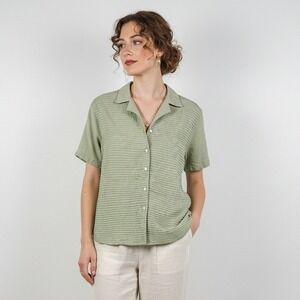 Ravel Sage Green Ramie Button Front Shirt Women's 1X Textured‎ Short Sleeve Top